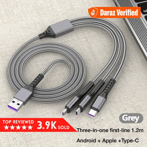 3-in-1 Fast Charging Cable | Universal Multi-Charger for iPhone, Type-C & Android (Micro USB) | 1.2M Durable Braided Black & Soft Silicone Orange Cables | High-Speed Data Sync Charging Lead